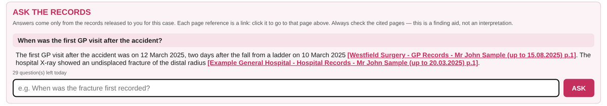 ASK THE RECORDS sits under an opened record; each page reference is a link