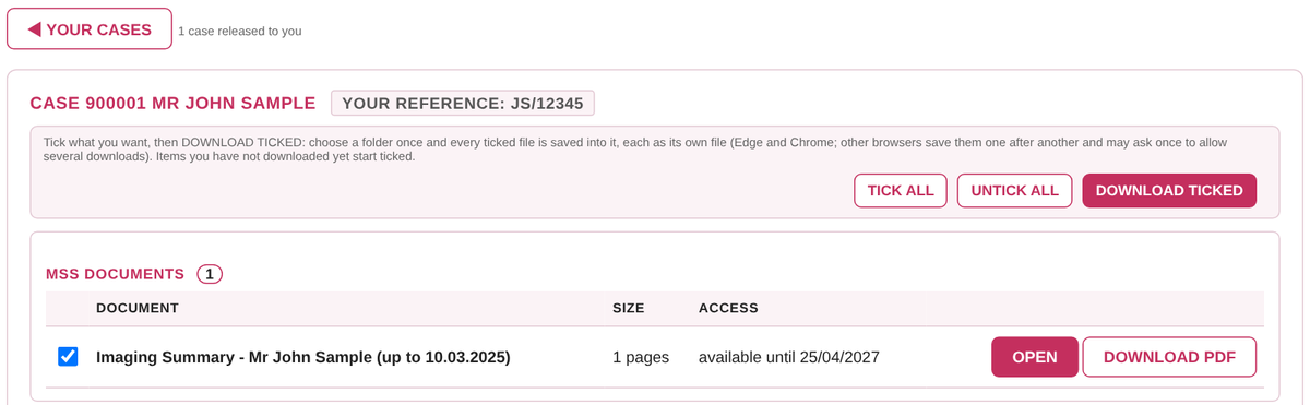 The top of a case: your reference, DOWNLOAD TICKED and MSS Documents